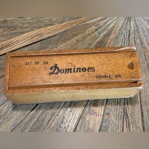 Vintage 1950s Double Six Domino Set w/ Brass Spinner Tiles Wood Slide Lid Box